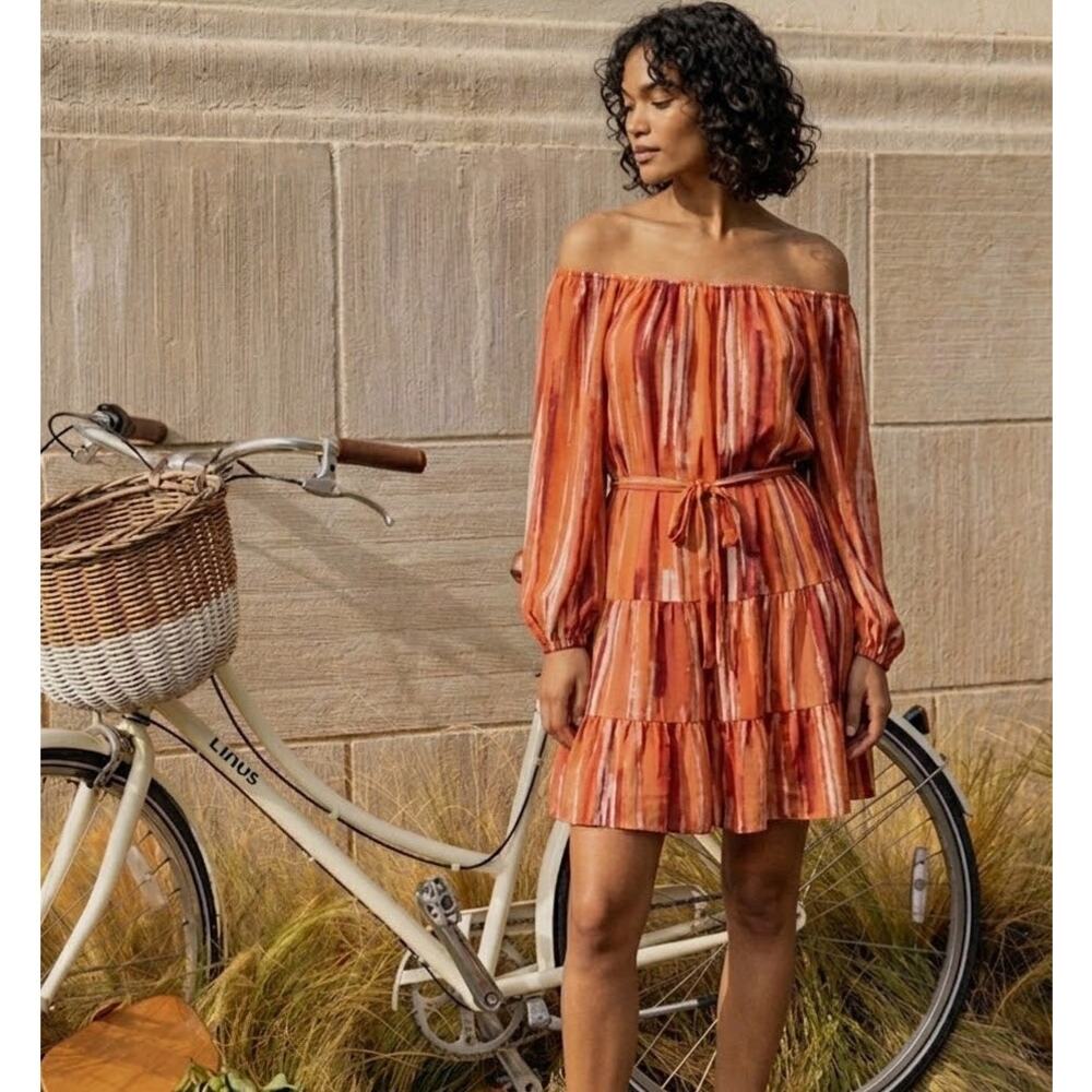 Tart Collections Naomi Tiered Mini Dress Orange Burgundy Abstract Stripe Boho XS